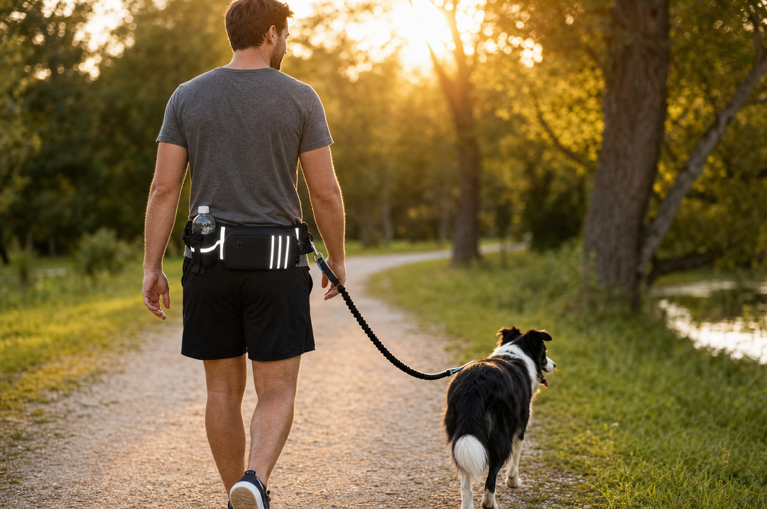 Dog walking calmly on a loose leash at golden hour