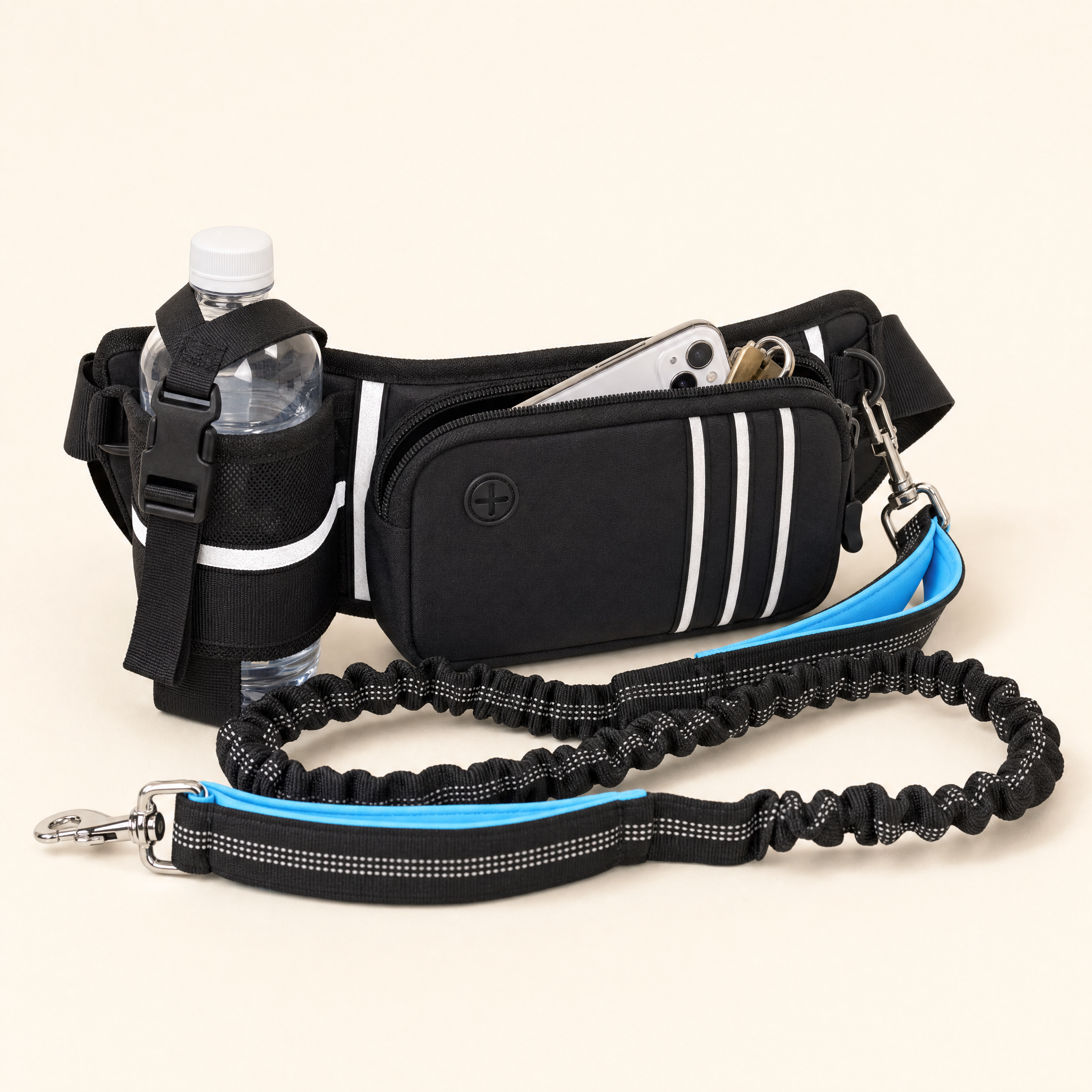 Walk essentials laid out: phone, keys, treats and water bottle