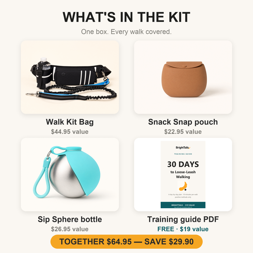 What's in the kit: Walk Kit Bag, Snack Snap pouch, Sip Sphere bottle and free training guide - together $64.95, save $29.90