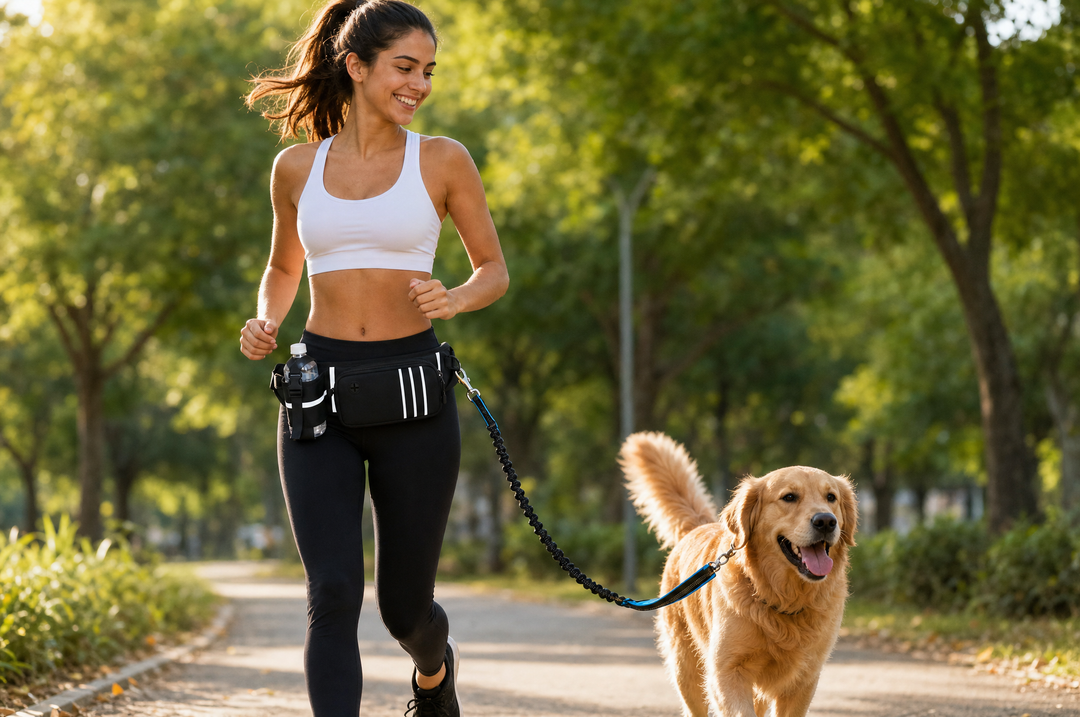 Runner wearing the Walk Kit Bag with dog on bungee leash in park